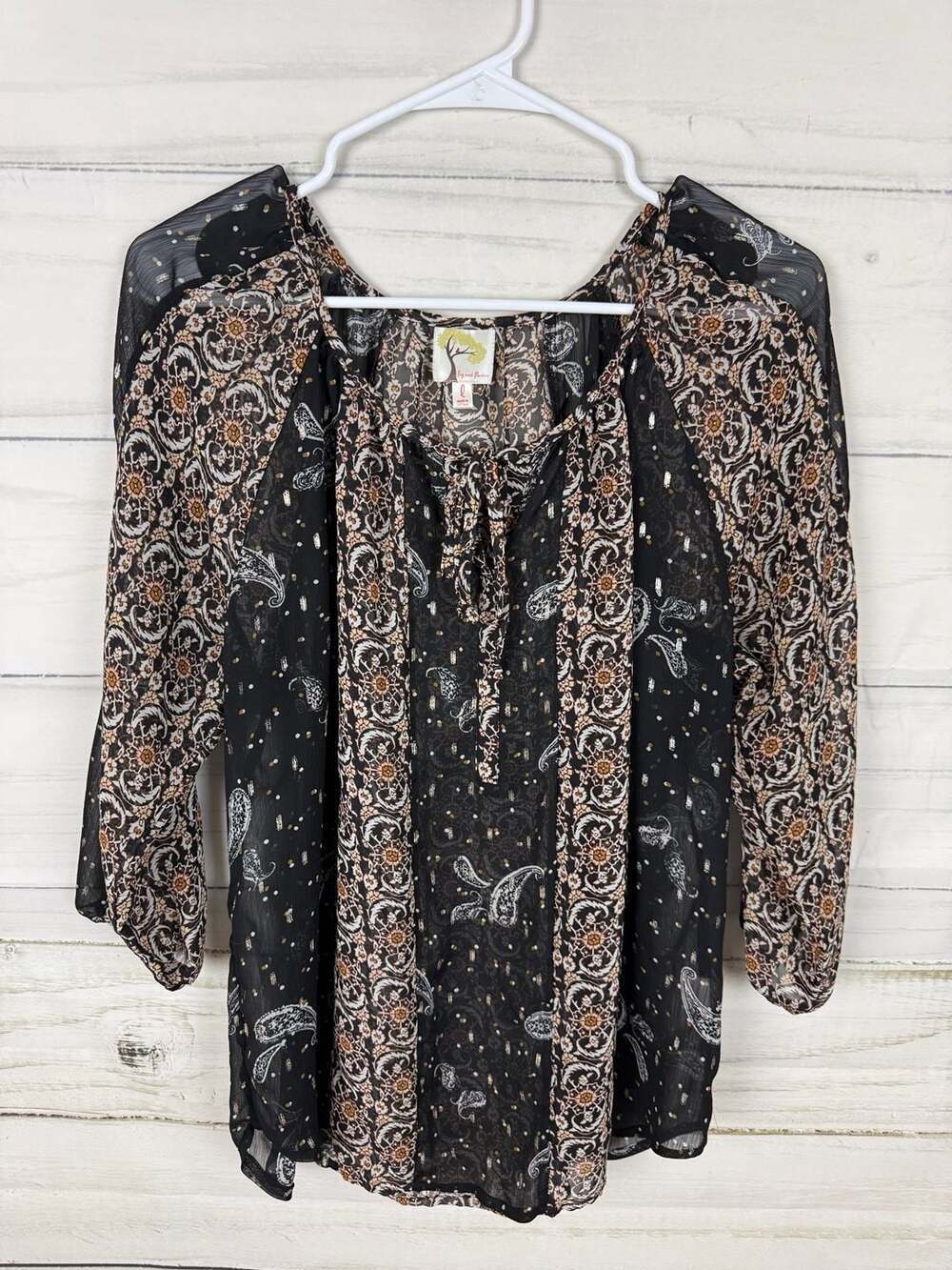 Fig and Flower Women's Black Paisley Boho Sheer Peasant Blouse Gold Accents